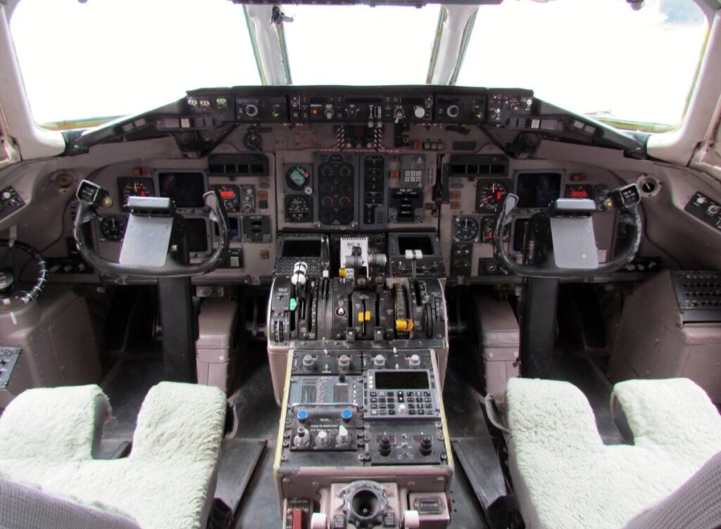 The cockpit of a modern jet airplane.