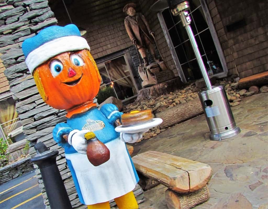 In the Fall, Gatlinburg is decorated with cartoonish scarecrows like this pancake toting version.