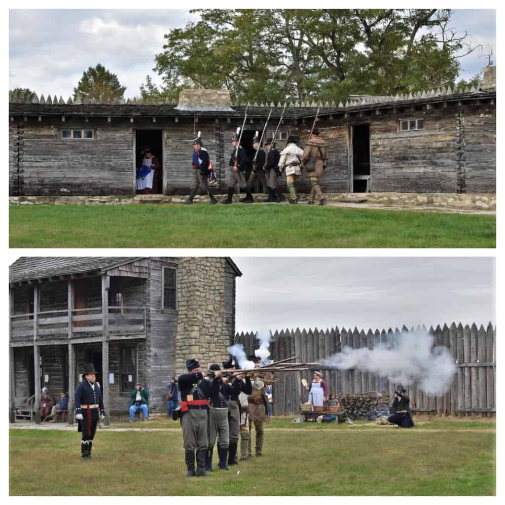 Morning ceremonies include raising the flag and firing volleys to delight visitors at Fort Osage. 