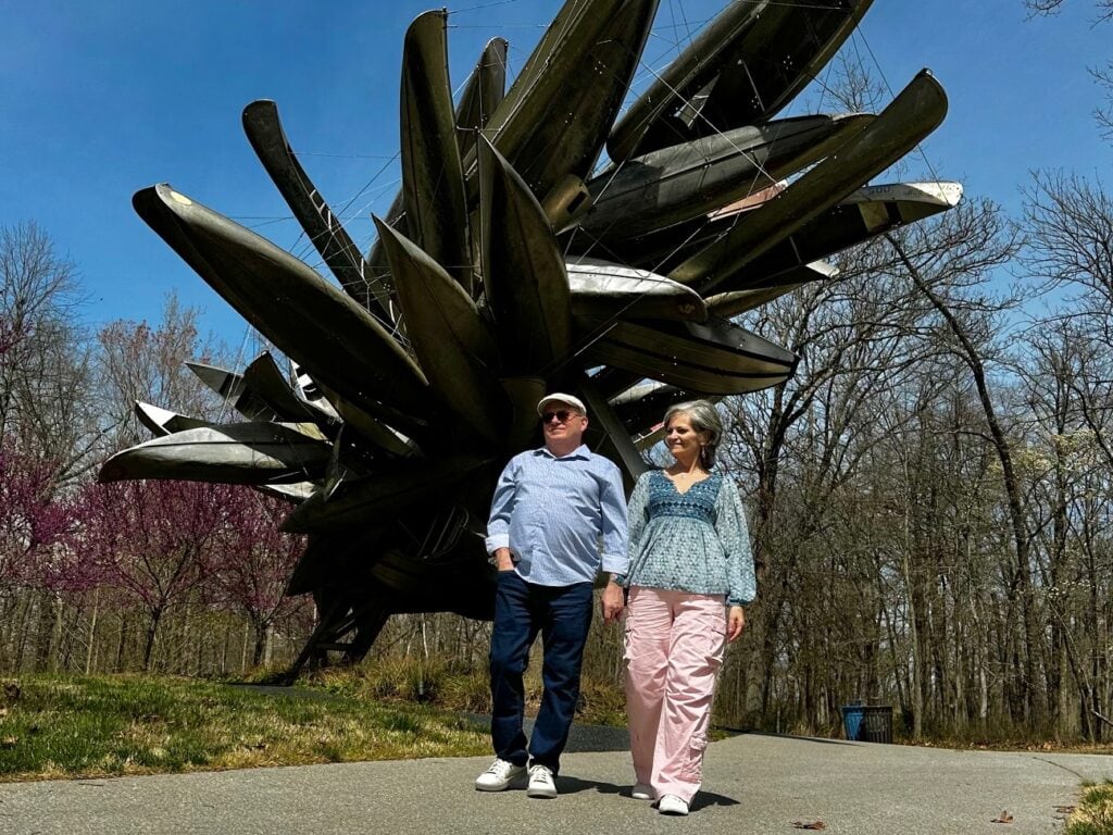 The authors stroll through an art installation during their Bentonville day trip.